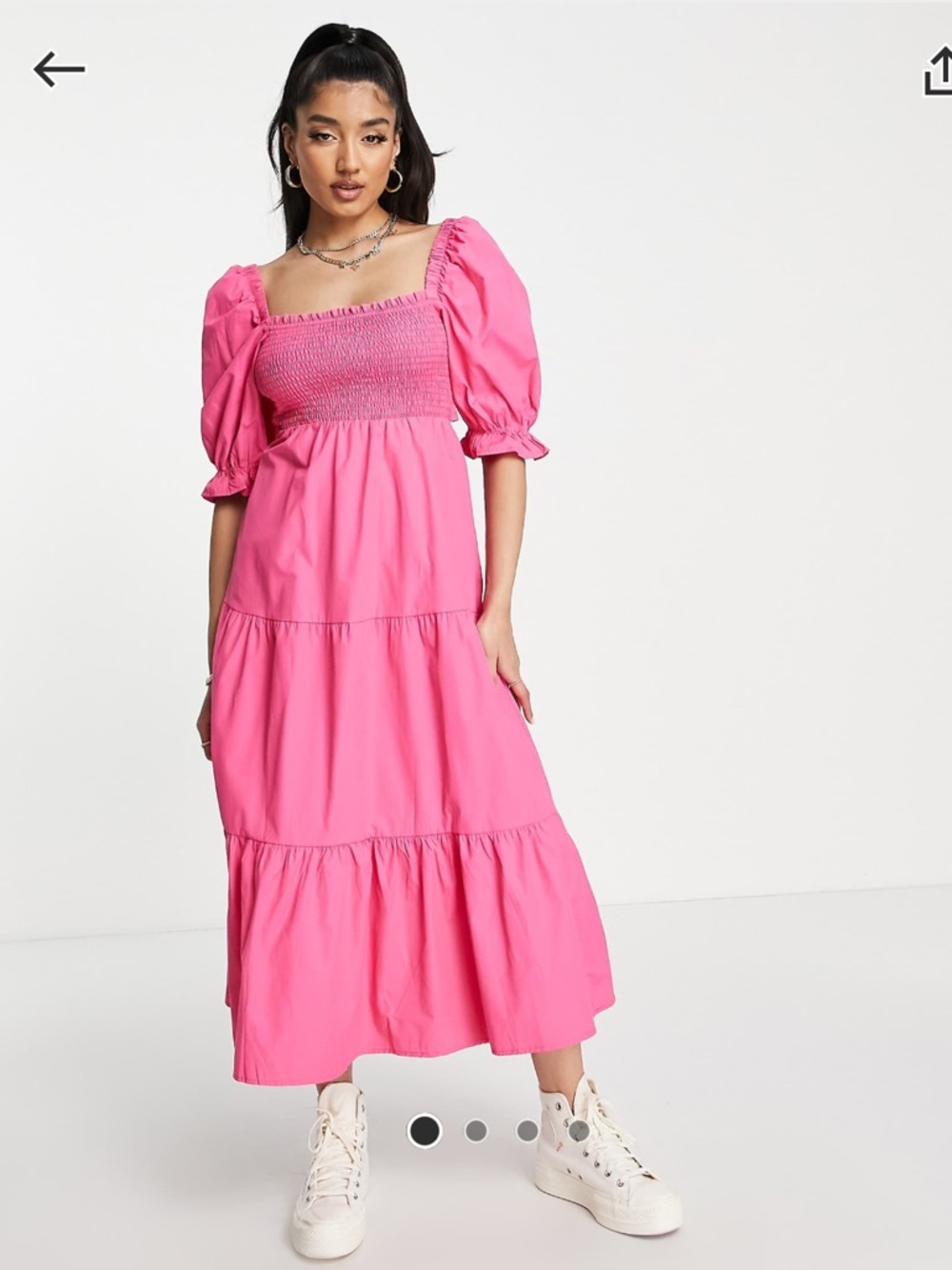 stradivarius Hot Pink Puff Sleeve Smocked Midi Dress